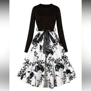 Black & White Floral A-Line Long Sleeve Dress with Satin Waist Tie